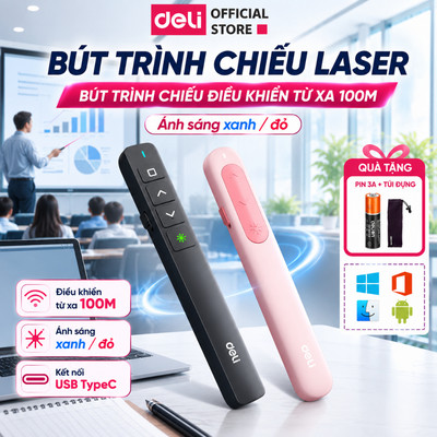 Bút Trình Chiếu DELI Bút Thuyết Trình Powerpoint Laser Điều Khiển Từ Xa 100M Kết Nối USB TypeC Dùng cho Laptop/ Macbook