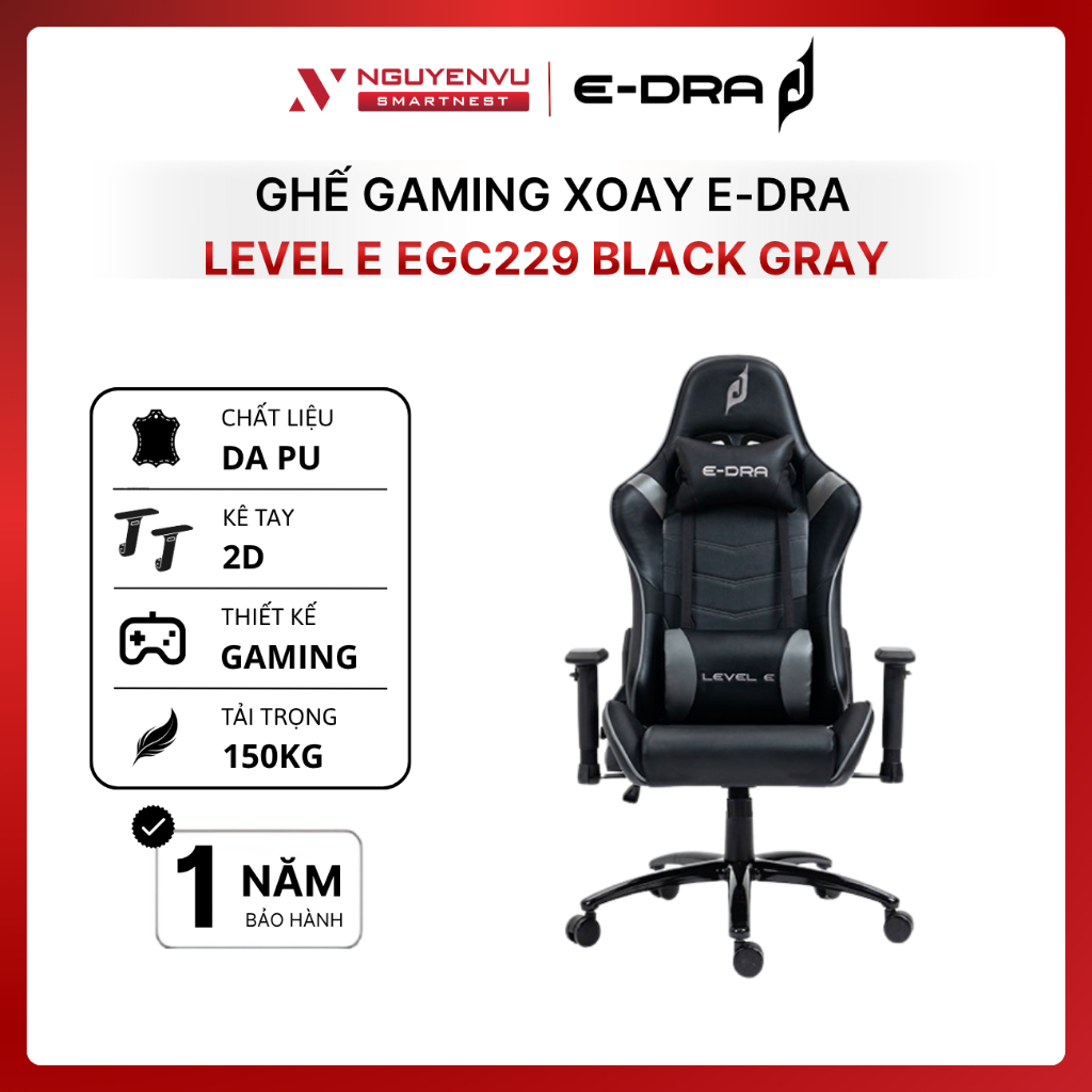 Ghế XOAY gaming cao cấp E-Dra EGC229 LEVEL E đen xám - Kê tay 2D - Da Pu - Trụ thủy lực Class 4 - Hà