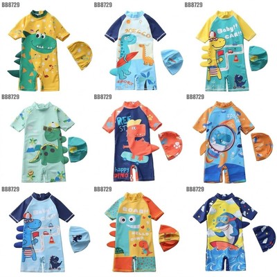 Đồ Bơi Bé Trai Liền Thân Kèm Mũ Họa Tiết Khủng Long Đính Vây 3D Siêu Cute MINTSCLOSET BB8729