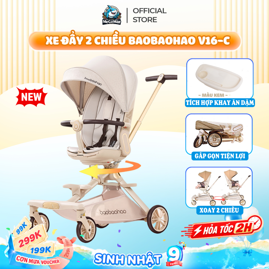[HỎA TỐC] Xe Đẩy Cho Bé Baobaohao V16, V9-C Chính Hãng, Xe Đẩy Gấp Gọn 2 Chiều Tiện Lợi Mái Che Vòm 