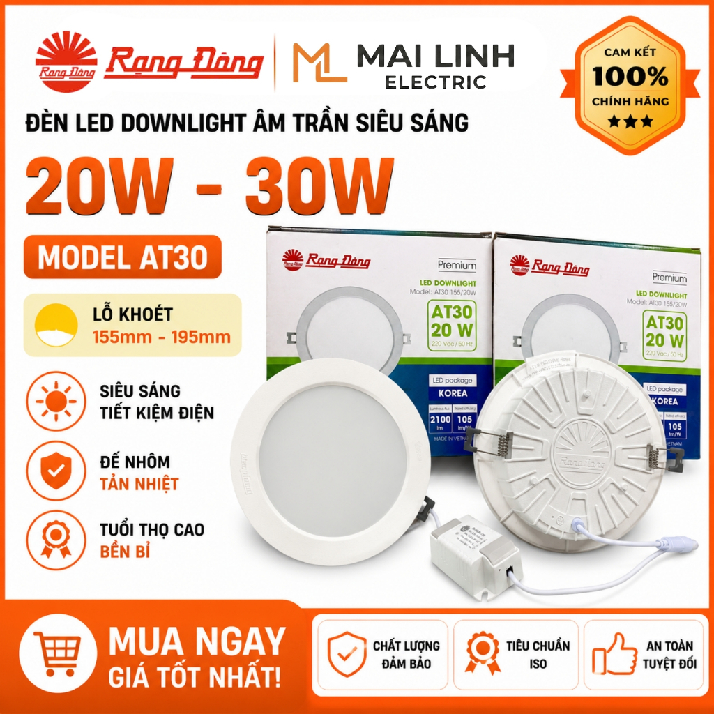 [Chính Hãng] Đèn Led Downlight âm trần siêu sáng 20W 30W Rạng Đông - Lỗ khoét 155mm 195mm - Model AT