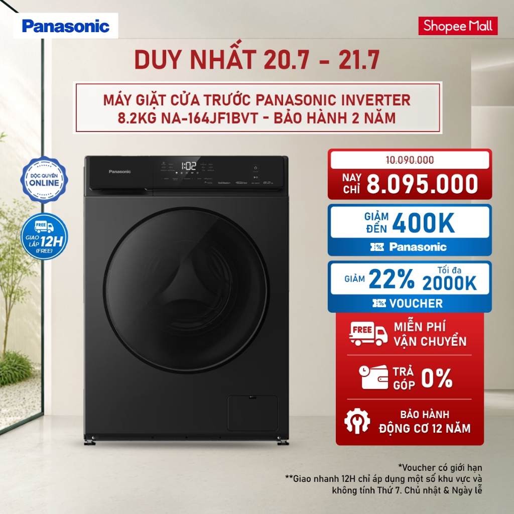 [ELPN2TX GIẢM TỐI ĐA 2TR] Máy Giặt Cửa Trước Panasonic Inverter 8.2KG NA-164JF1BVT