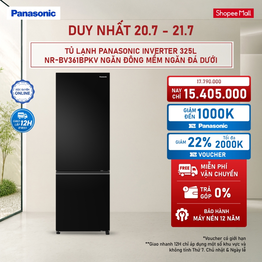 [ELPN2TX GIẢM TỐI ĐA 2TR] Tủ lạnh Panasonic Inverter 325L NR-BV361BPKV Ngăn Đông Mềm Ngăn Đá Dưới