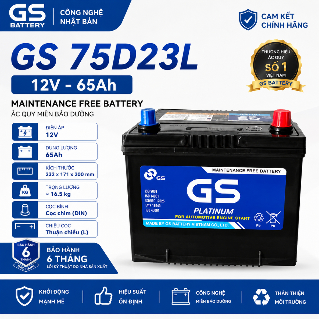 Bình ắc quy 12v miễn bảo dưỡng GS MF 75D23L (12V-65ah), Chính Hãng gs, Bảo Hành 6 Tháng