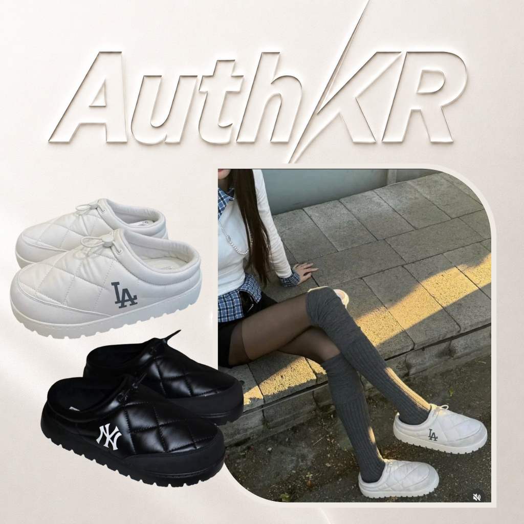 [Auth] Giày lười MLB Plush Quilted Mule LA Dogers Kem