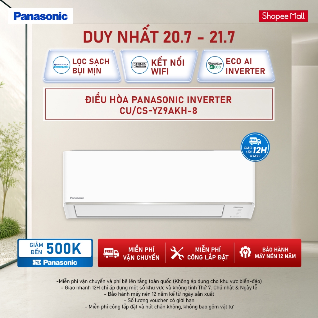 [Chỉ giao miền Bắc] Điều hòa Panasonic Inverter CU/CS-YZ9AKH-8 - Công suất 1HP - Hai chiều