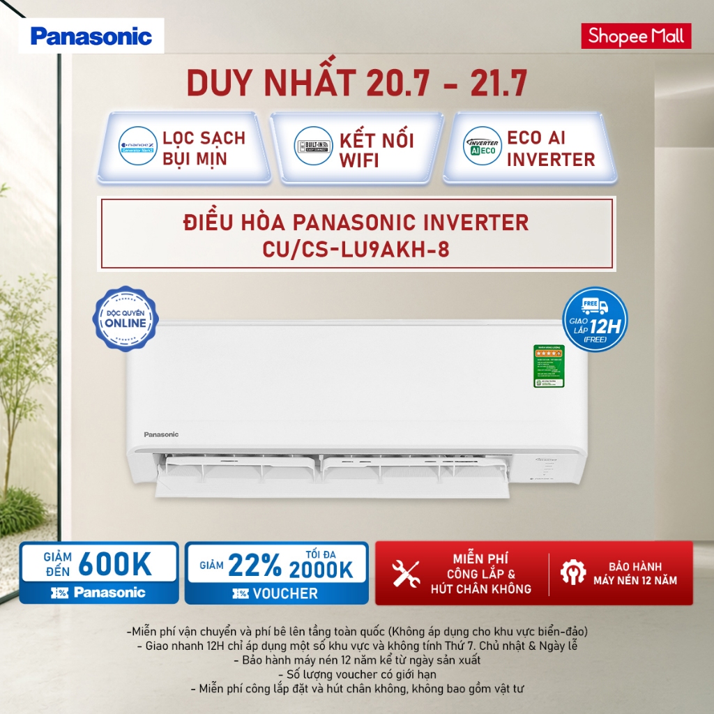 [Sẵn hàng miền Nam] [ELPN2TX GIẢM TỐI ĐA 2TR] Điều hòa Panasonic Inverter CU/CS-LU9AKH-8 - 1HP - ECO