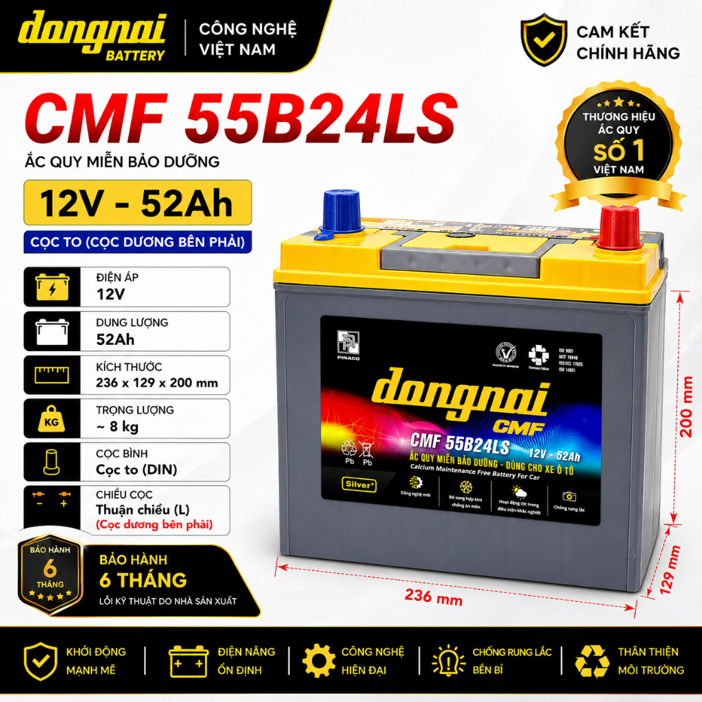 Bình ắc quy 12v khô đồng nai CMF 55B24LS (12V, 52ah) cọc to, hàng chính hãng, bảo hành 9 tháng