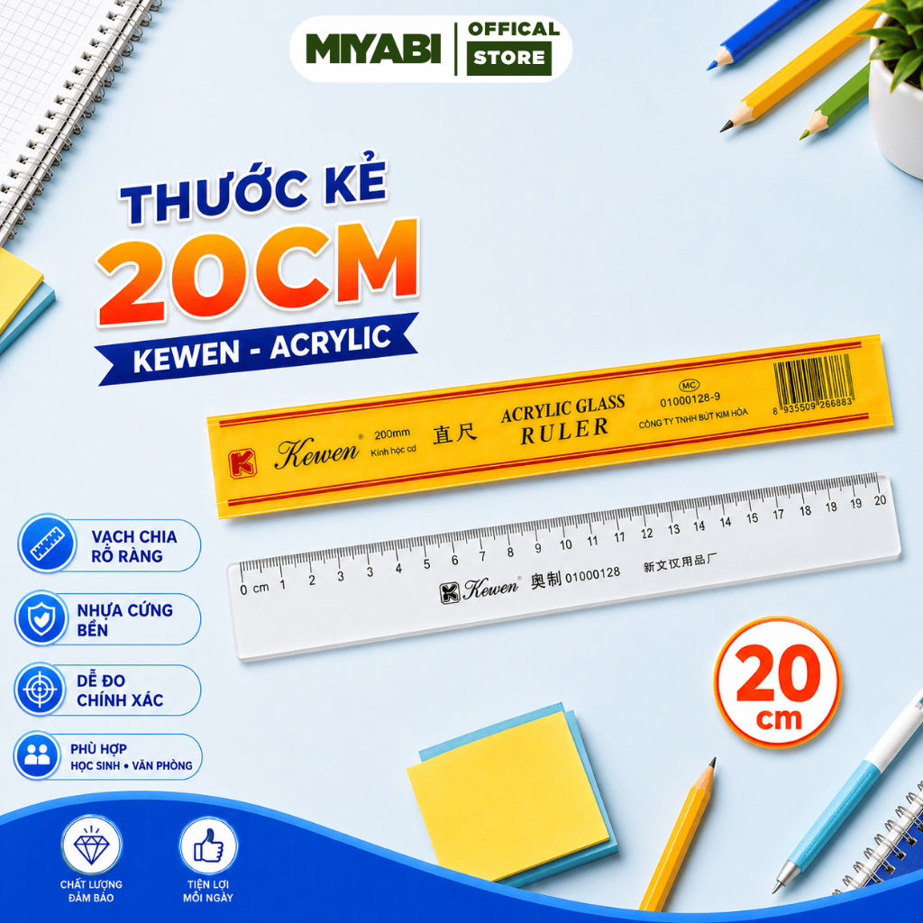Thước kẻ 20cm Kewen nhựa Acrylic trong suốt, vạch chia rõ, thước thẳng cho học sinh văn phòng