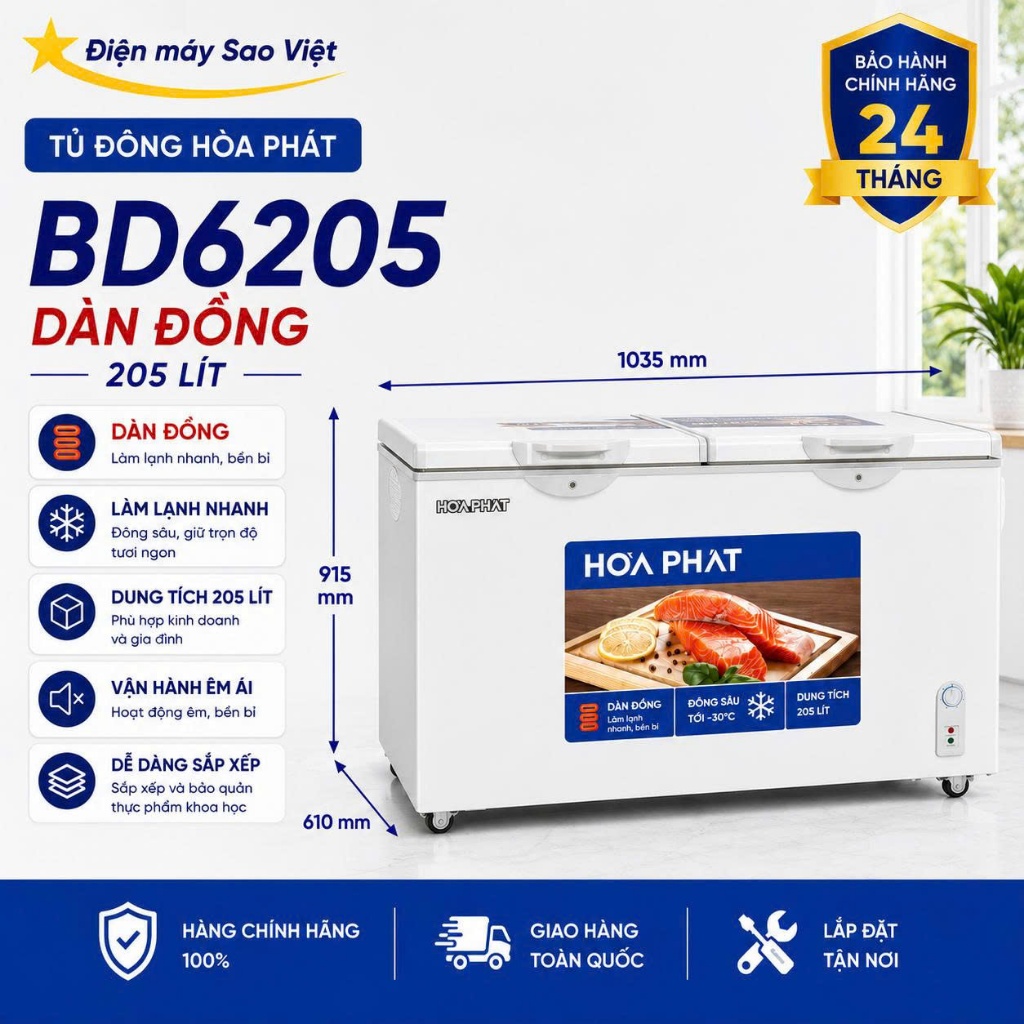 Tủ Đông Hòa Phát HPF BD6205 205L 2 Cánh Dàn Đồng | Đông Mát | Bảo Hành Chính Hãng
