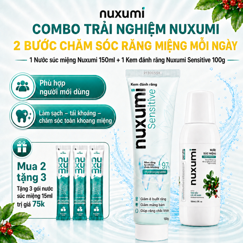 Combo Nước Súc Miệng Nuxumi 150ml & Kem Đánh Răng Nuxumi Sensitive 100g, Chuẩn Dược Khoa