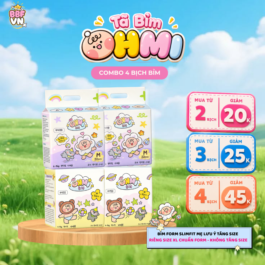( Quà Tặng) Combo 4 Bịch Bỉm OHMI Hàn Quốc - Khô Thoáng, Siêu Thấm Hút - Tã Bỉm Dán/Quần Đủ Size Từ 
