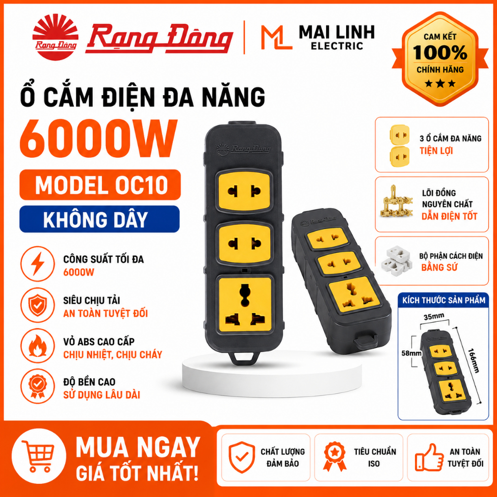[Chính Hãng] Ổ cắm điện đa năng công suất cao 6000W Rạng Đông (Không Dây) -Siêu chịu tải -Lõi ABS ch