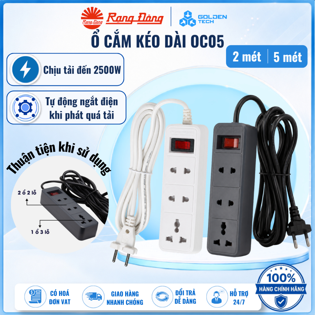 Ổ cắm điện đa năng Chịu tải 2500W 3 ổ cắm 2 chấu/3 chấu Dây dài 2 mét & 5 mét Rạng Đông OC05