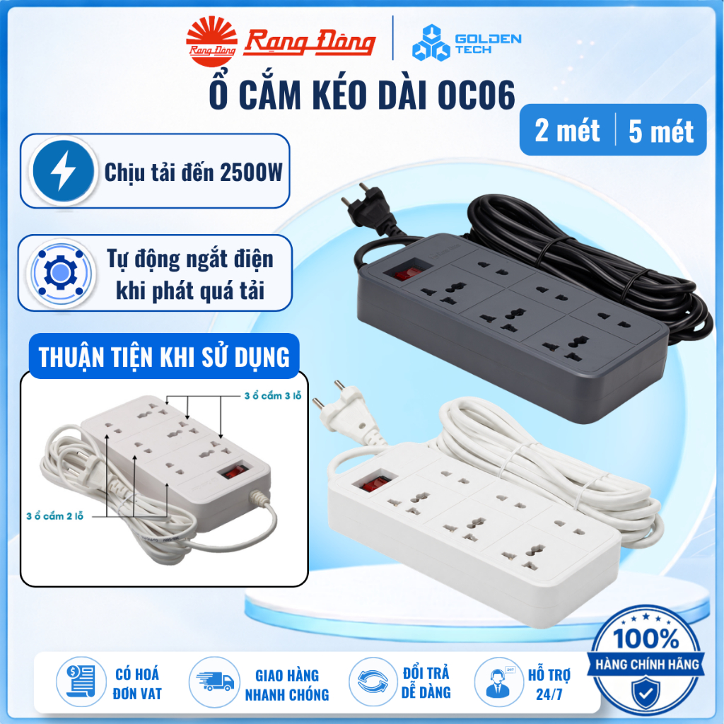 Ổ cắm điện đa năng Chịu tải 2500W 6 ổ cắm 2 chấu/3 chấu Dây dài 2 mét & 5 mét Rạng Đông OC06