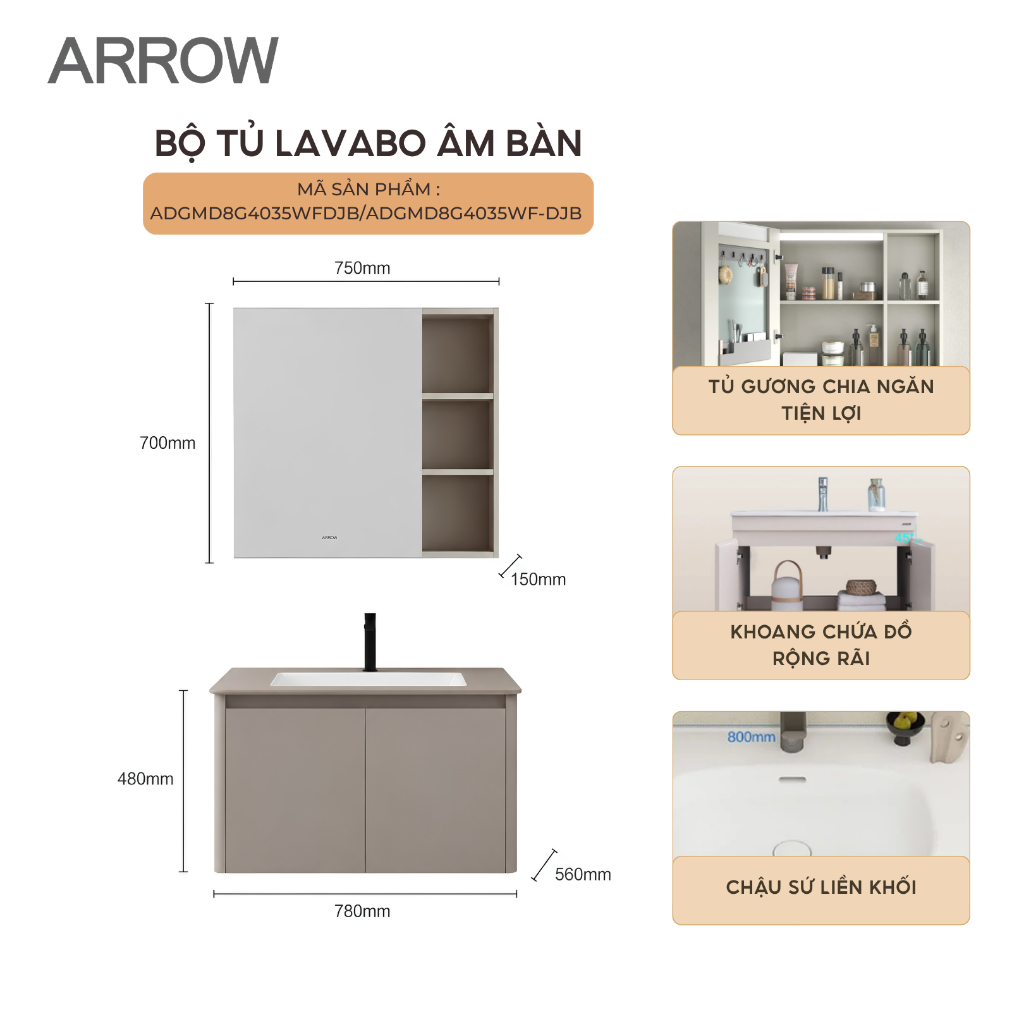 Bộ Tủ Lavabo Arrow ADGMD8G4035WF-DJB/ADGMD8G4035WF-DJB, Tủ Gương AMJD8G4035WF-DJB – chất liệu gỗ ply