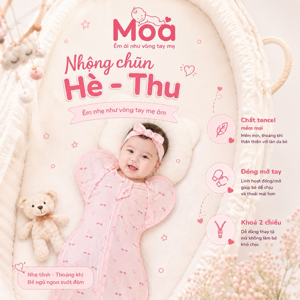 Nhộng Chũn Tencel MOA Cho Bé Sơ Sinh  3-12kg - Nhộng Ngủ Chống Giật Mình Co Giãn 4 Chiều Mềm Mát Cao
