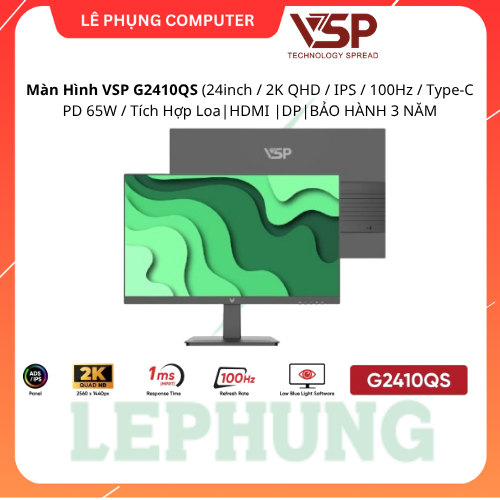 Màn Hình VSP G2410QS (24inch / 2K QHD / IPS / 100Hz / Type-C PD 65W / Tích Hợp Loa|HDMI |DP|BẢO HÀNH