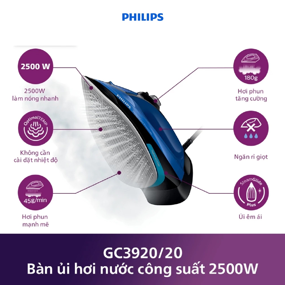 Bàn ủi hơi nước Philips GC3920/20 2500W - OptimalTEMP - Mặt đế SteamGlide Plus