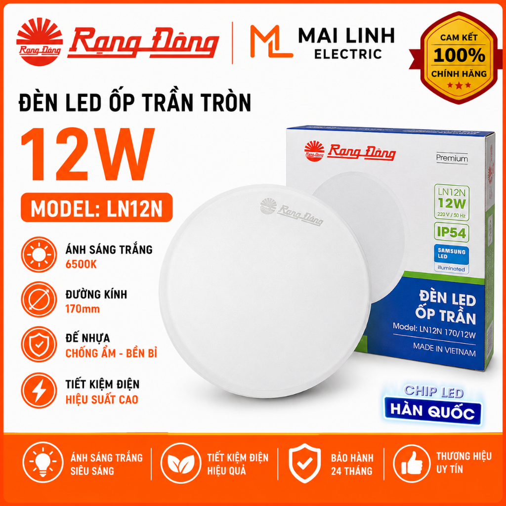 [Chính Hãng] Đèn LED ốp trần Tròn (Đế Nhựa) 12W Rạng Đông - Đường kính 170mm - Ánh sáng trắng -Model