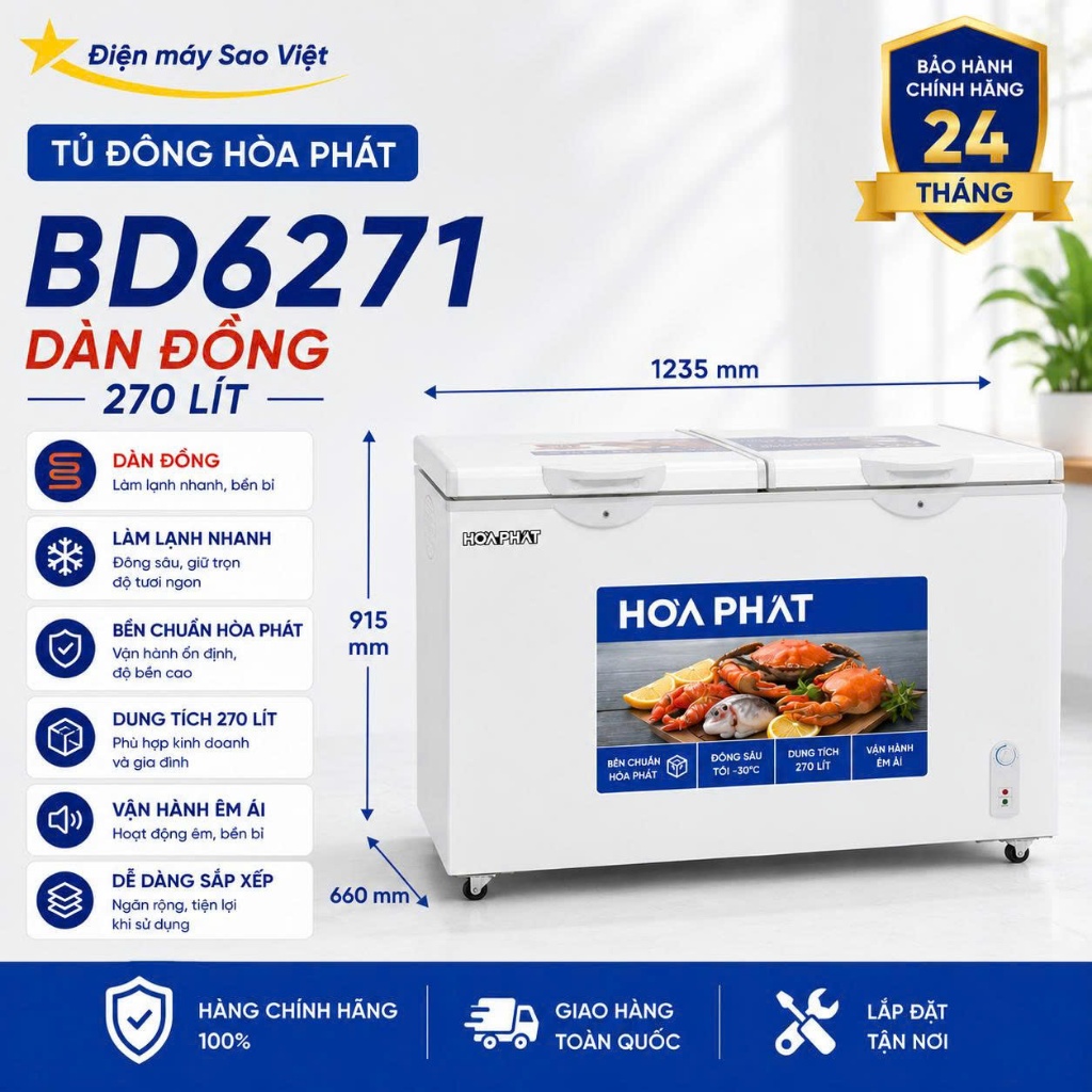 Tủ Đông Hòa Phát HPF BD6271 271 Lít 2 Ngăn 2 Cánh Dàn Đồng Chính Hãng