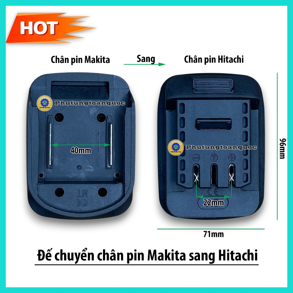 Đế Chuyển Chân Pin Makita 40mm Sang Chân Pin Hitachi 22mm, Tiết Kiệm Chi Phí, 1 Pin Dùng Được Cả 2 H