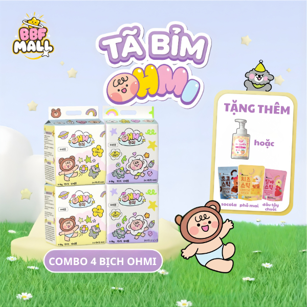 ( Qùa Tặng) Combo 4 Bịch Bỉm OHMI Hàn Quốc - Khô Thoáng, Siêu Thấm Hút - Tã Bỉm Cho Bé Đủ Size Siêu 