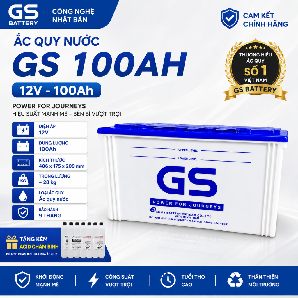 Bình ắc quy nước 12v GS N100 (12V-100AH) Hàng Chính Hãng GS, Bảo Hành 6 Tháng