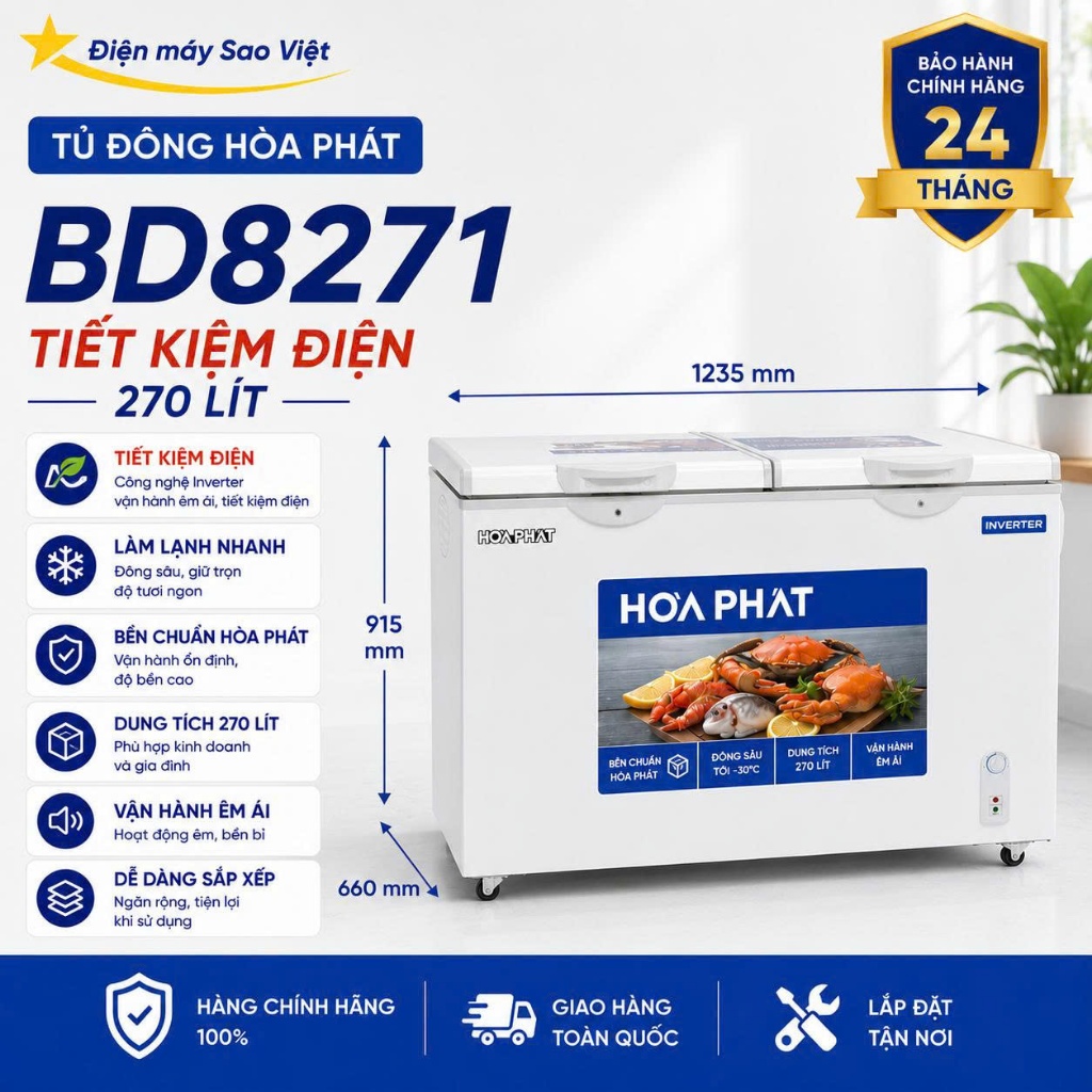 Tủ Đông Hòa Phát Inverter HPF BD8271 271 Lít 2 Ngăn 2 Cánh Dàn Đồng Chính Hãng