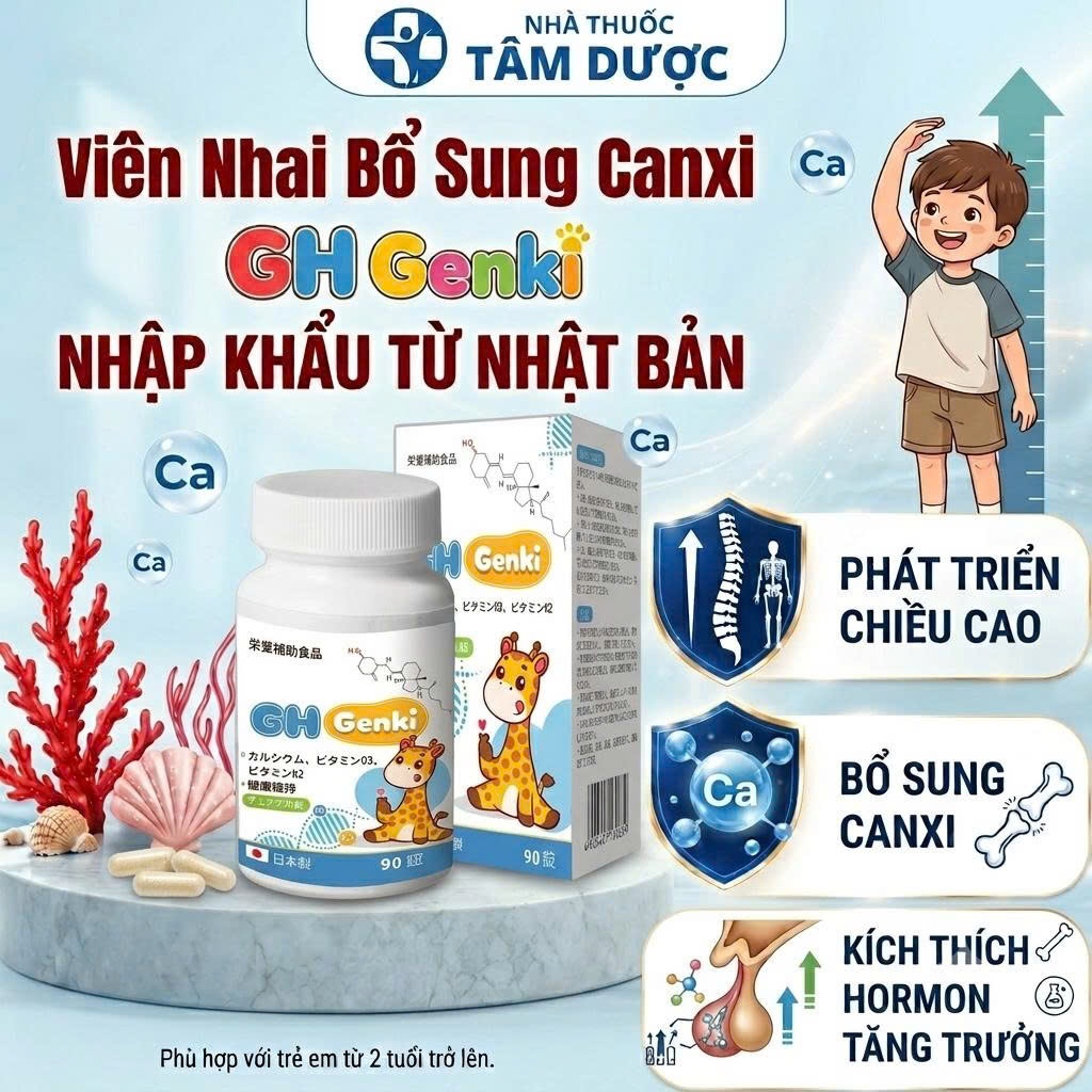 GH Genki Nhật Bản – Viên Nhai Bổ Sung Canxi, Hỗ Trợ Tăng Chiều Cao | Hộp 90 Viên 300mg Chính Hãng