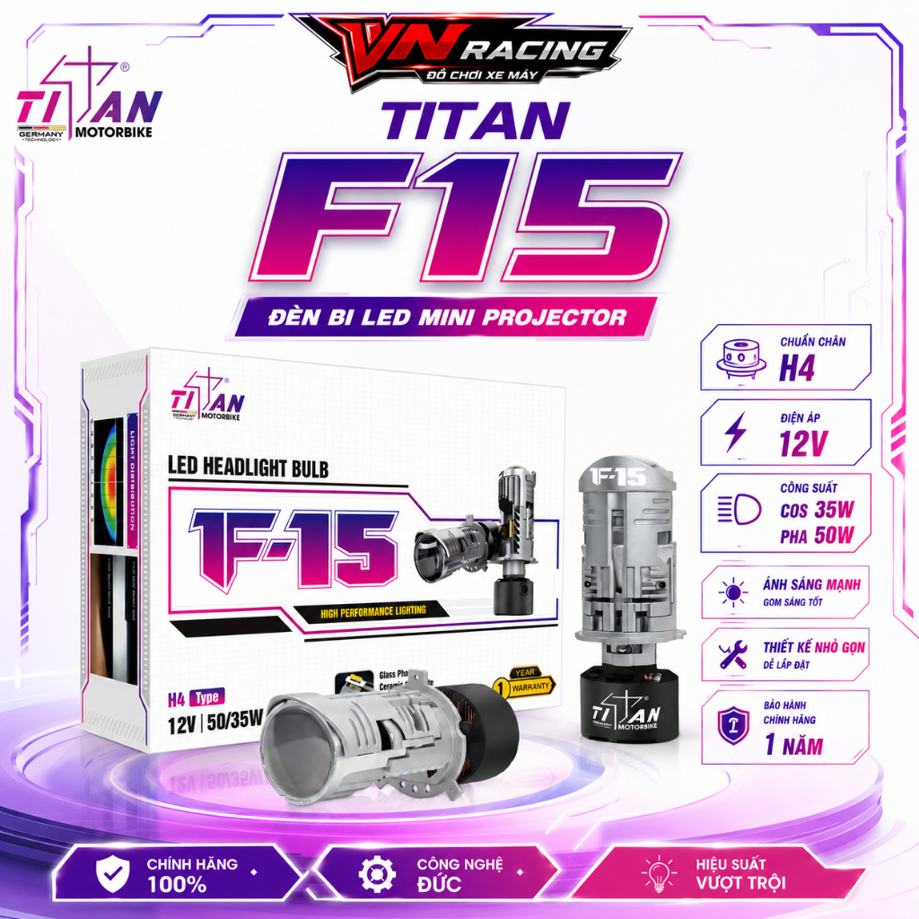 Đèn Pha LED Bi Cầu Titan F15 50W Chính Hãng Chân H4 Siêu Sáng, Cos Pha Rõ Nét Cho Xe Máy BH 1 Năm