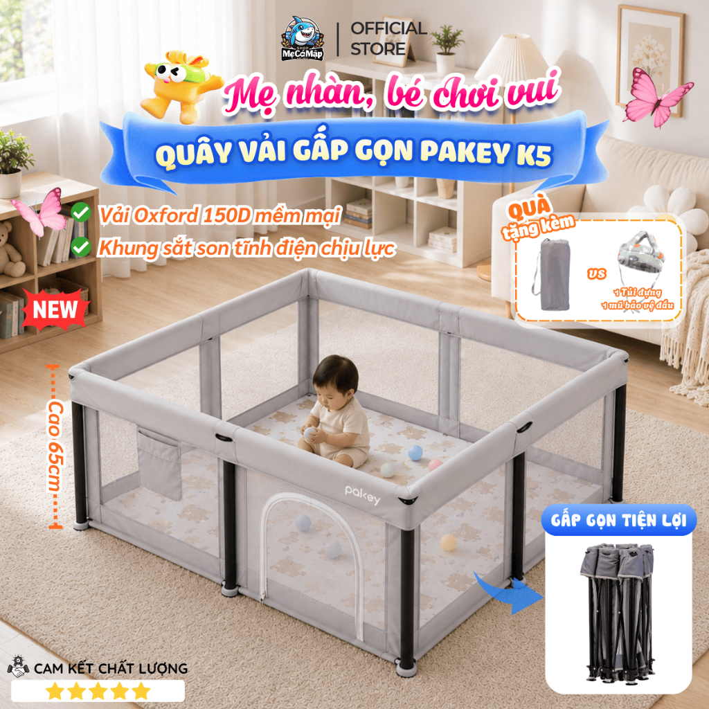 [MỚI] Quây Vải Gấp Gọn Cho Bé Kèm Túi Đựng Tiện Lợi, Quây Bóng Pakey Cao 65cm Khung Thanh Dày Dặn, K