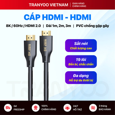 Cáp HDMI to HDMI TRANYOO G1 8K | 60Hz | HDMI 2.0 Đầu Mạ Vàng Phụ Hợp Cho PC, Laptop, TV, Máy Chiếu