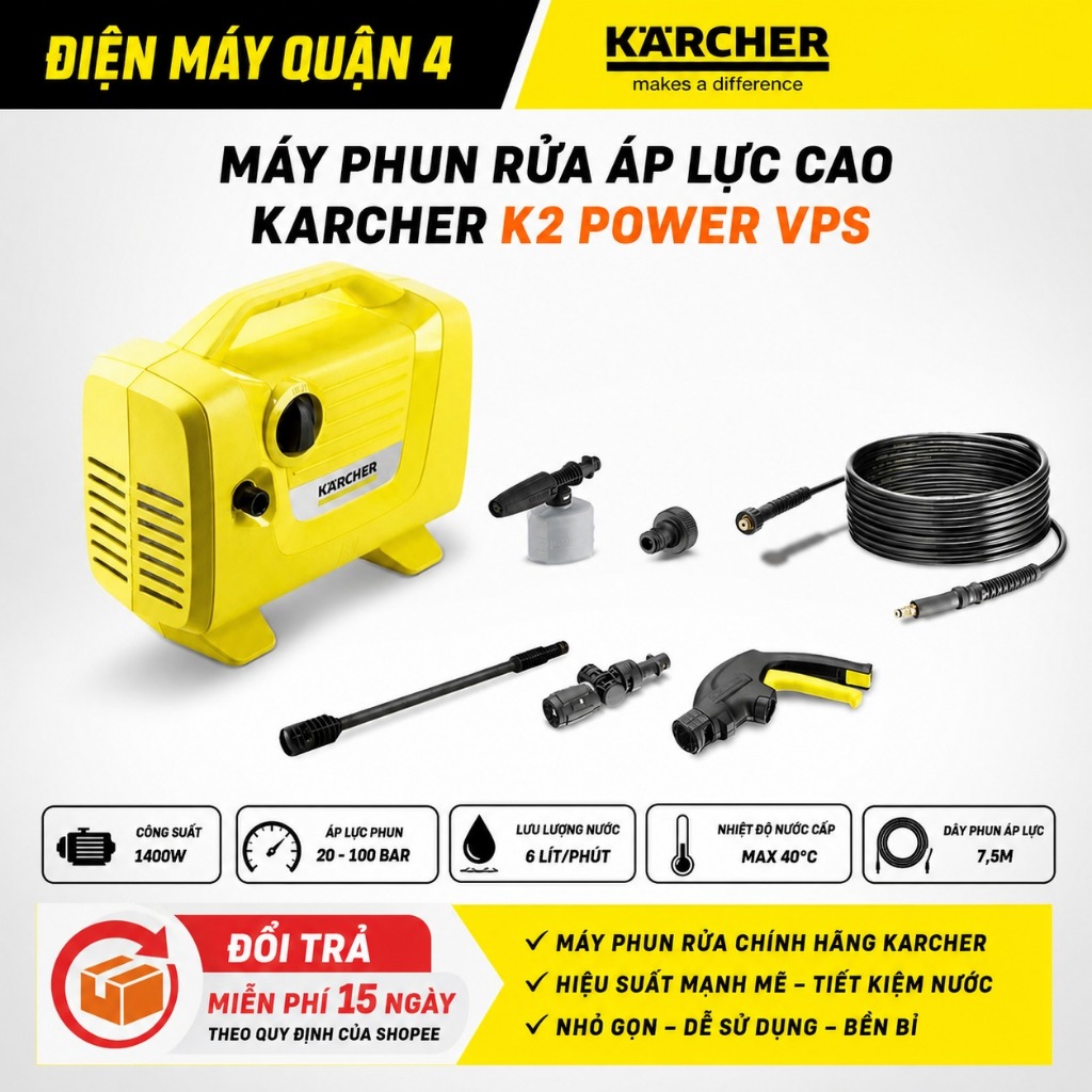 KARCHER K 2 Power VPS / Máy Phun Rửa Áp Lực Cao Karcher K2 Power VPS 1400W 100 Bar Đầu Phun 360 Độ