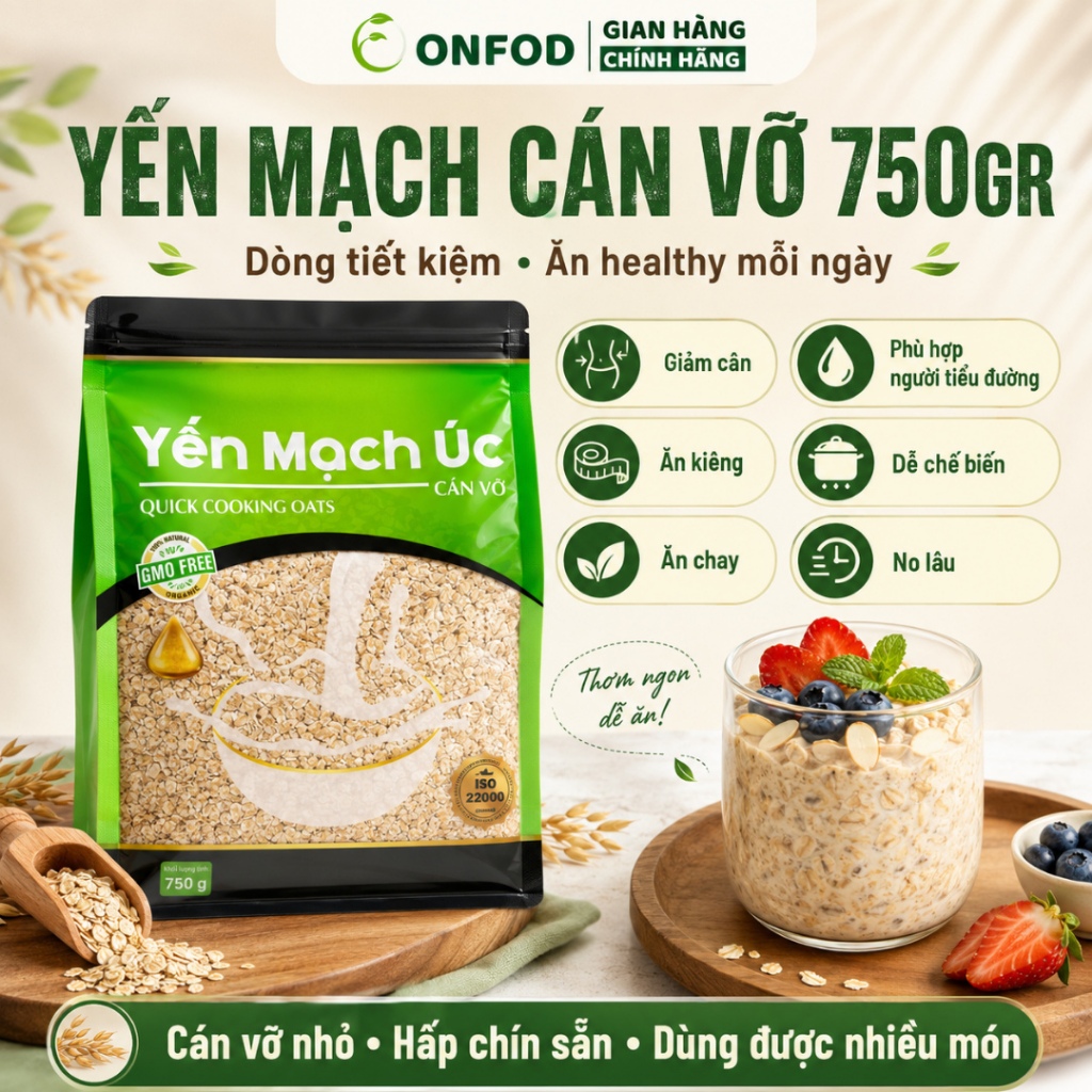 Yến Mạch Cán Vỡ Ăn Liền ONFOD – Nguyên Chất, Giàu Chất Xơ, Dế Nấu Phù Hợp Cho Người  Ăn Kiêng Giảm C