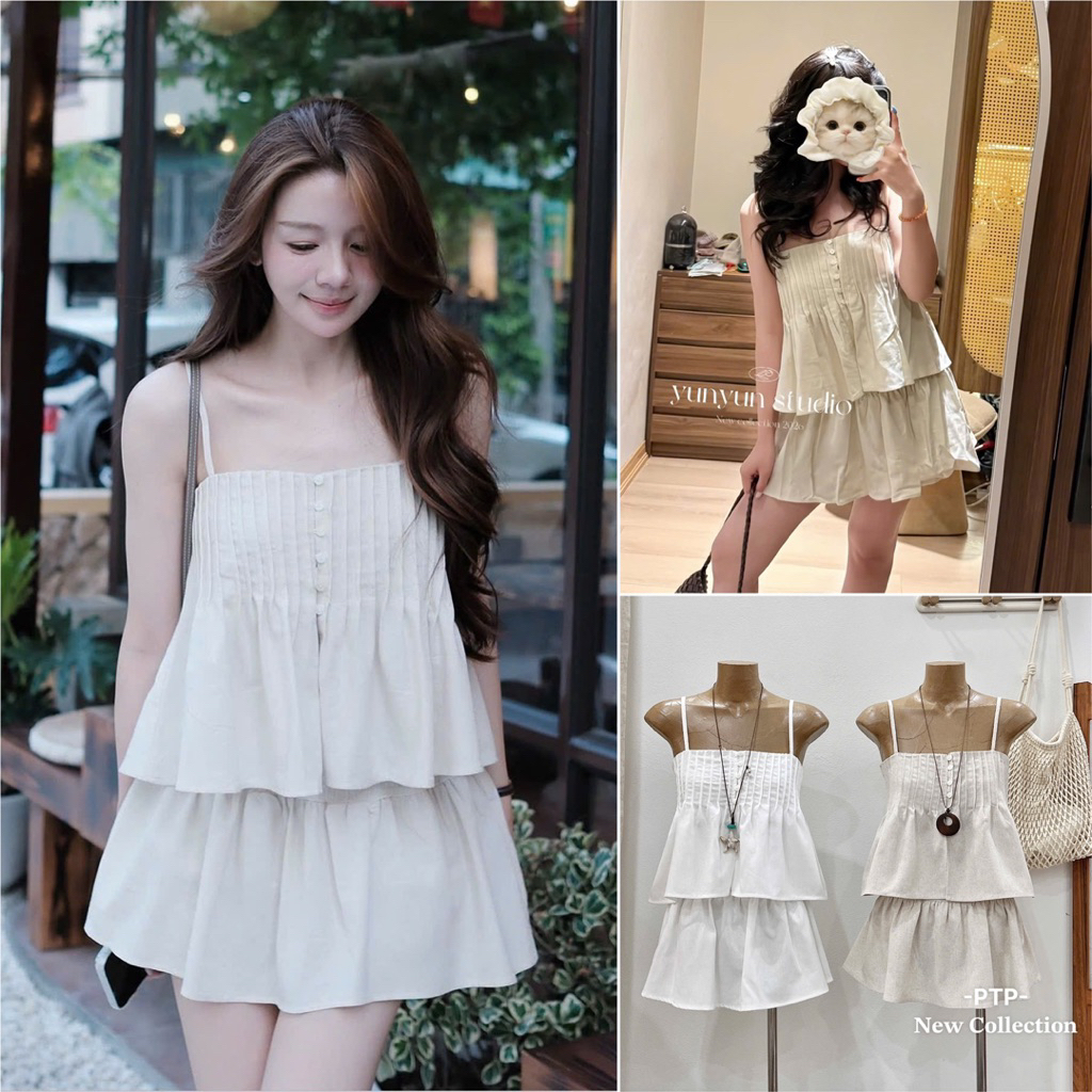 [S2.4402] Set Áo 2 Dây Linen Xếp Ly Kèm Chân Váy Ngắn - Ảnh Thật Chính Chủ PTP STORE