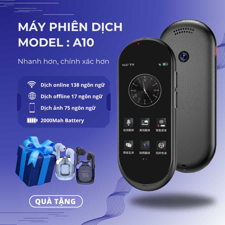 Máy phiên dịch thông minh A10 lắp sim 4G dịch đàm thoại, phản hồi  nhanh, chính xác tặng Kèm Tai Ngh