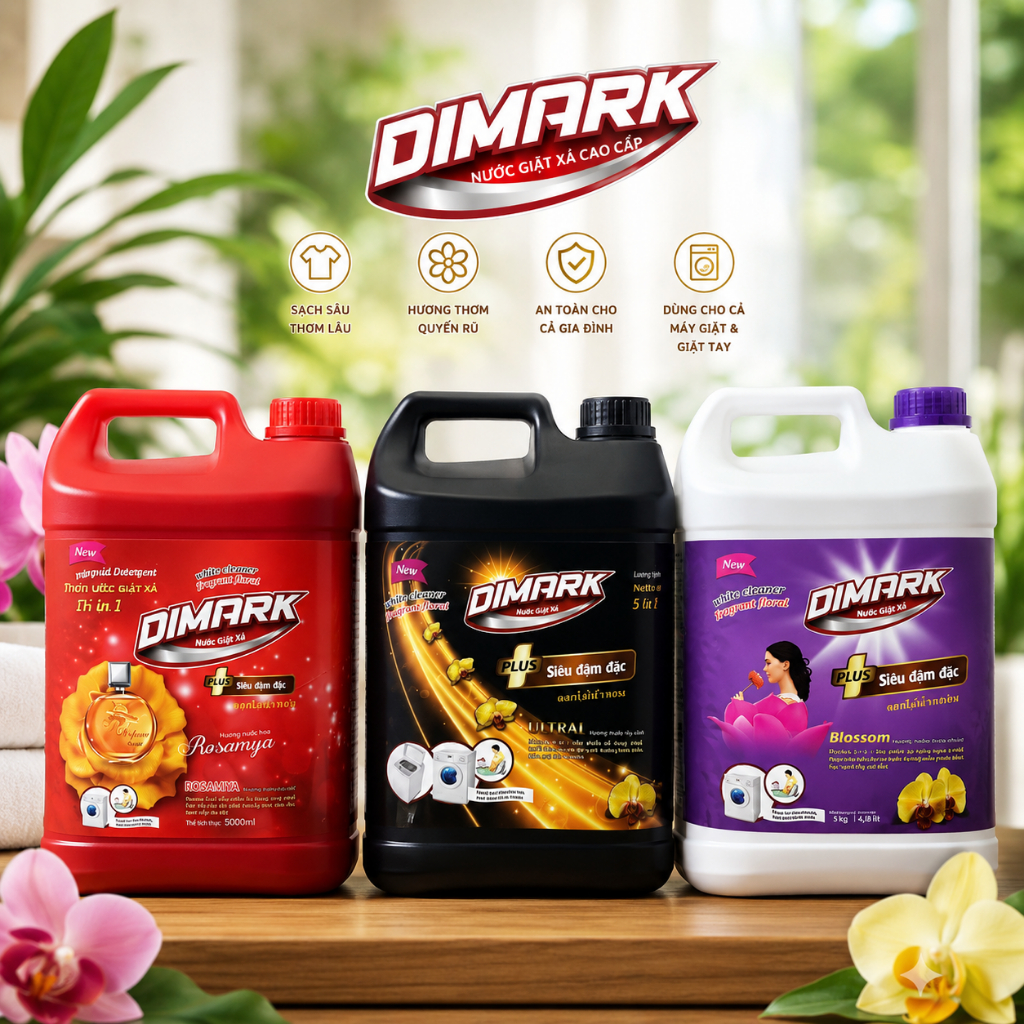 nước giặt xả thơm quần áo DIMARK 5in1 Plus siêu đậm đặc can lớn 5kg siêu tiết kiệm A8