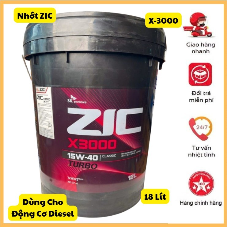 🎁nhớt động cơ diesel hạng nặng SK ZIC X3000 15W-40 Classic Turbo, dung tích 18 lít