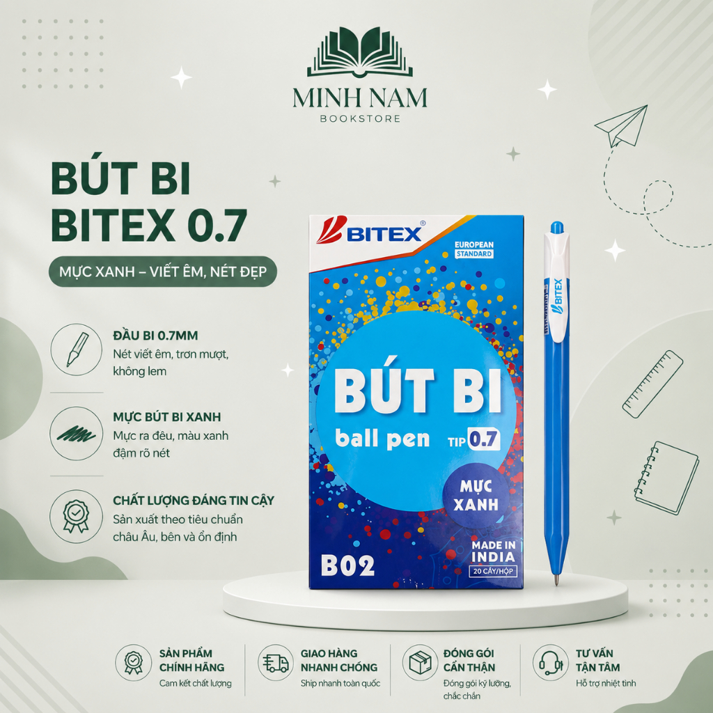 Bút Bi Bitex B02 Tip 0.7mm - Bút Bi Ấn Độ Tiêu Chuẩn Châu Âu