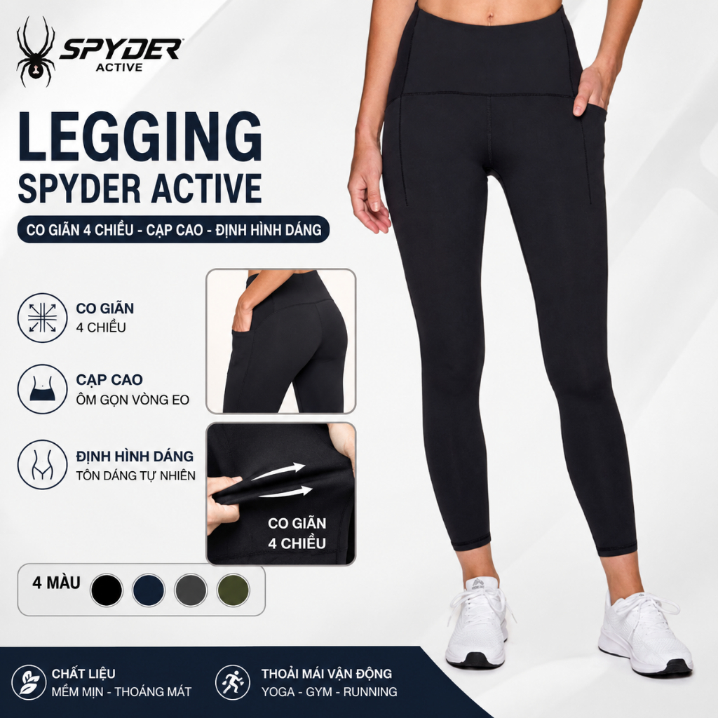 Quần Legging Nữ Xuất Dư Spyder Active Tập Gym Yoga Co Giãn Tốt, Ôm Sát Có Túi