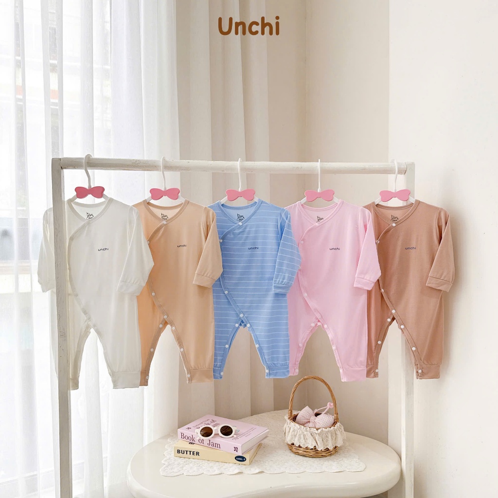 Body Sơ Sinh Unchi Dài Tay Cài Lệch Liền Quần Cotton Mềm Cho Bé 0-12 Tháng, Áo Liền Quần Sơ Sinh Cao