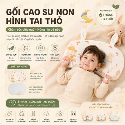 Gối cao su non cho bé tai thỏ KidAndMom hoạ tiết cổ tích thiết kế công thái học thoáng khí 2 mặt