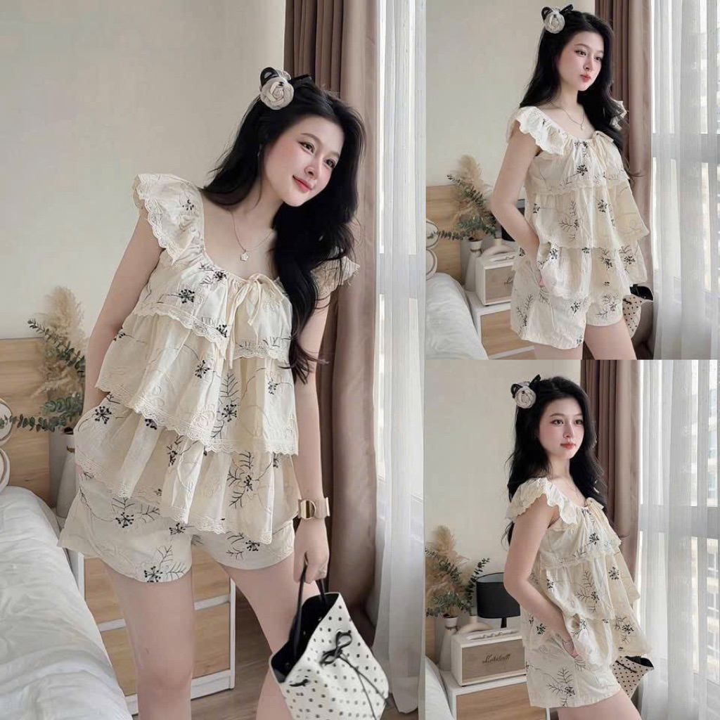 [S2.4396] Set Áo Linen Hoa Bèo Tầng Kèm Quần Đùi - Ảnh Thật Chính Chủ PTP STORE