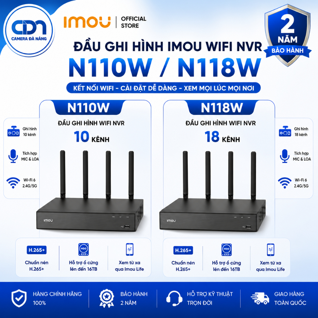 Đầu Ghi Hình Imou WiFi NVR N110W 10 Kênh / N118W 18 Kênh WiFi 6 H.265+ Hỗ Trợ Ổ Cứng 16TB Chính Hãng
