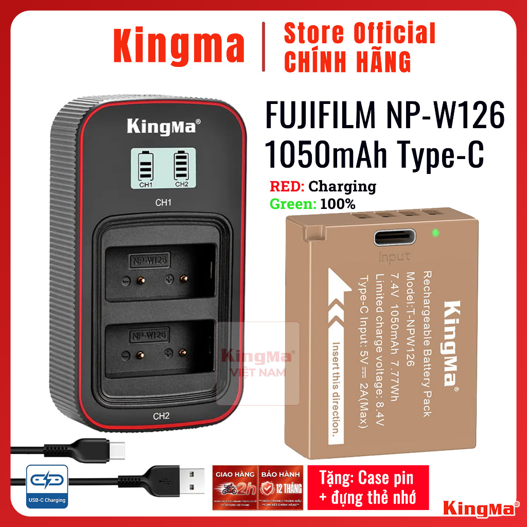 Kingma Fujifilm W126 Type-C | Pin và sạc máy ảnh Fujifilm XT50 X100VI X-E5 4 3 2 XT1 XT2 XT3 XT30 XT