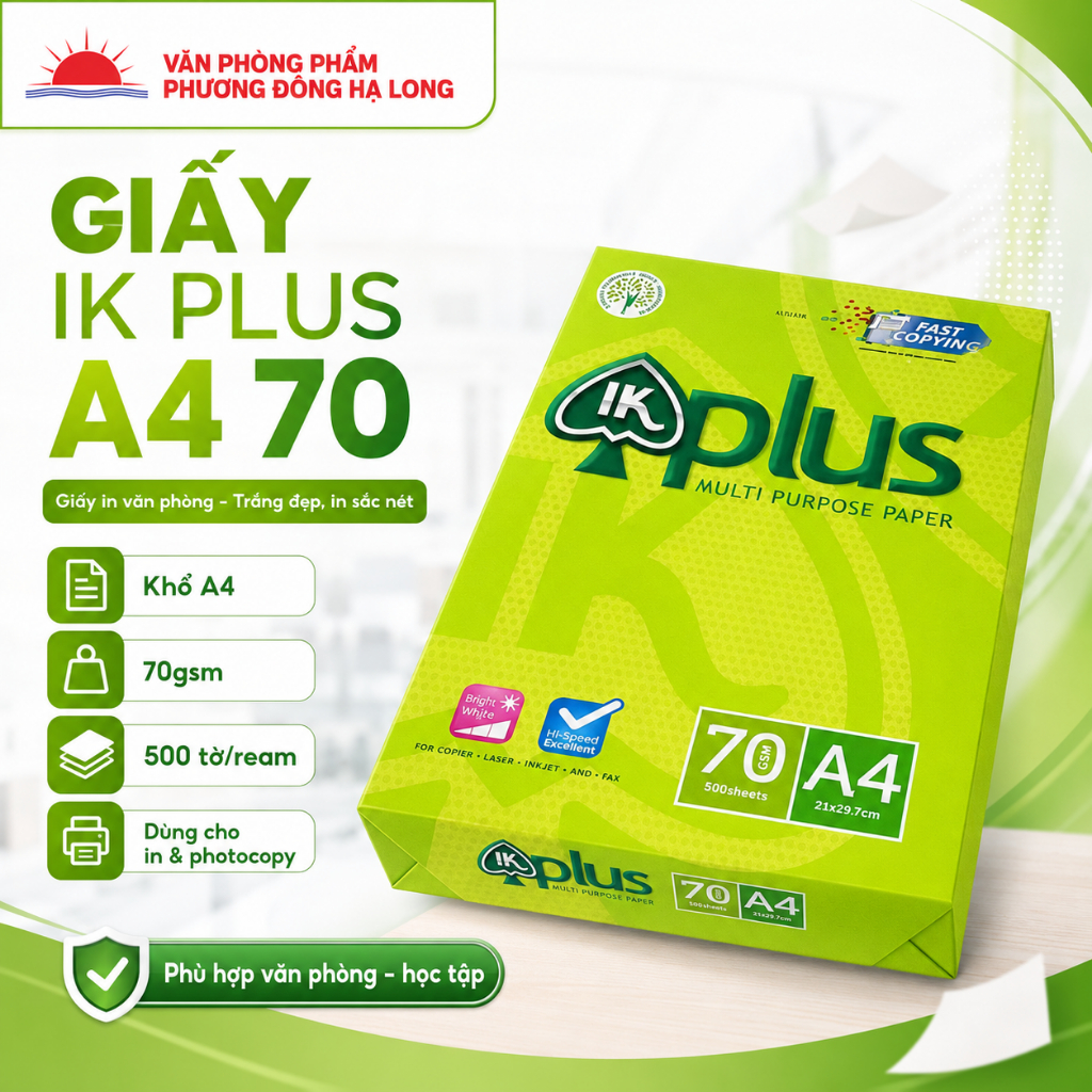 1 Ram Giấy In Văn Phòng IK Plus A4 70g 500 Tờ Hạn Chế Kẹt Giấy