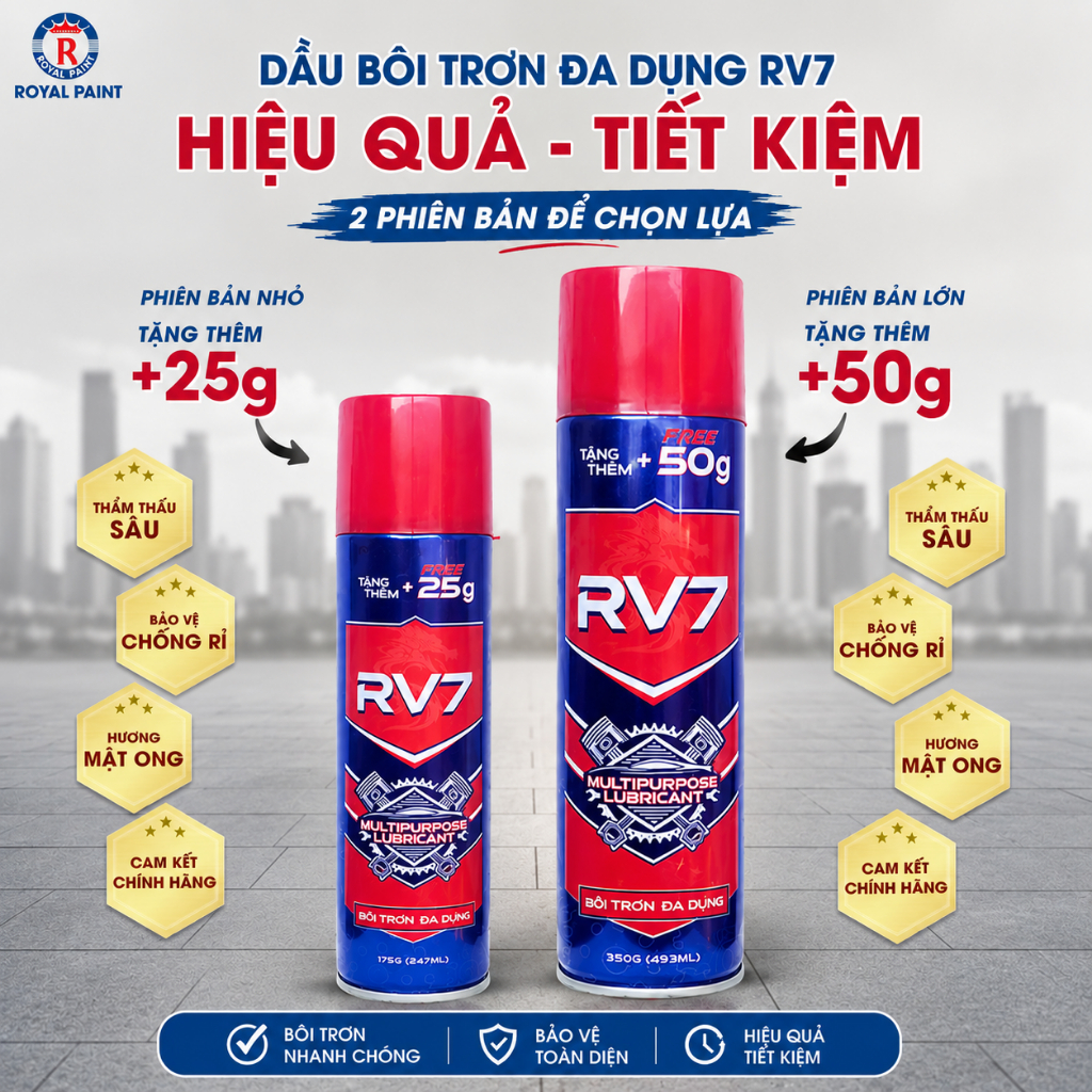 RV7 Chính hãng ROYAL - Chai Xịt Bôi Trơn Chống Rỉ RV7, Thẩm Thấu Nhanh, Nguyên Liệu Ngoại Nhập, Hiệu