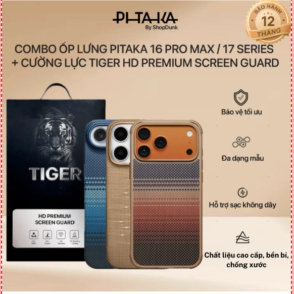 [COMBO ỐP LƯNG + CƯỜNG LỰC] Ốp Pitaka & Cường lực Tiger HD Premium Screen Guard cho iPhone 16 Pro Ma