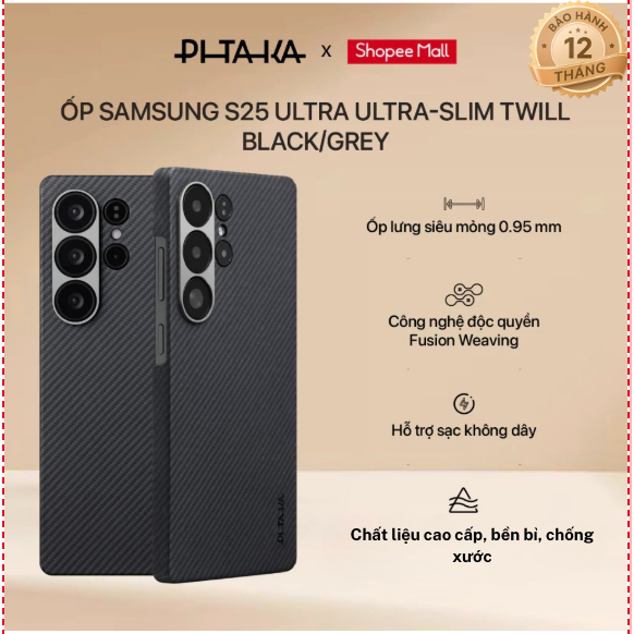 [Samsung S25 Ultra] Ốp lưng vải dệt Pitaka Ultra-Slim (Black/Grey Twill) hỗ trợ sạc không dây